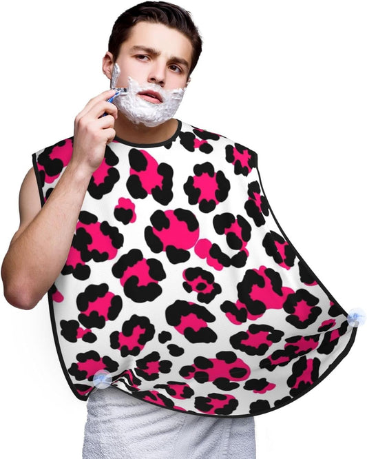 Beard Apron Hair Catcher, White Pink Cheetah Leopard Print Shave Bib, Waterproof Non-Stick Shaving Bib, Trimming Grooming Tool for Dad Men Anniversary