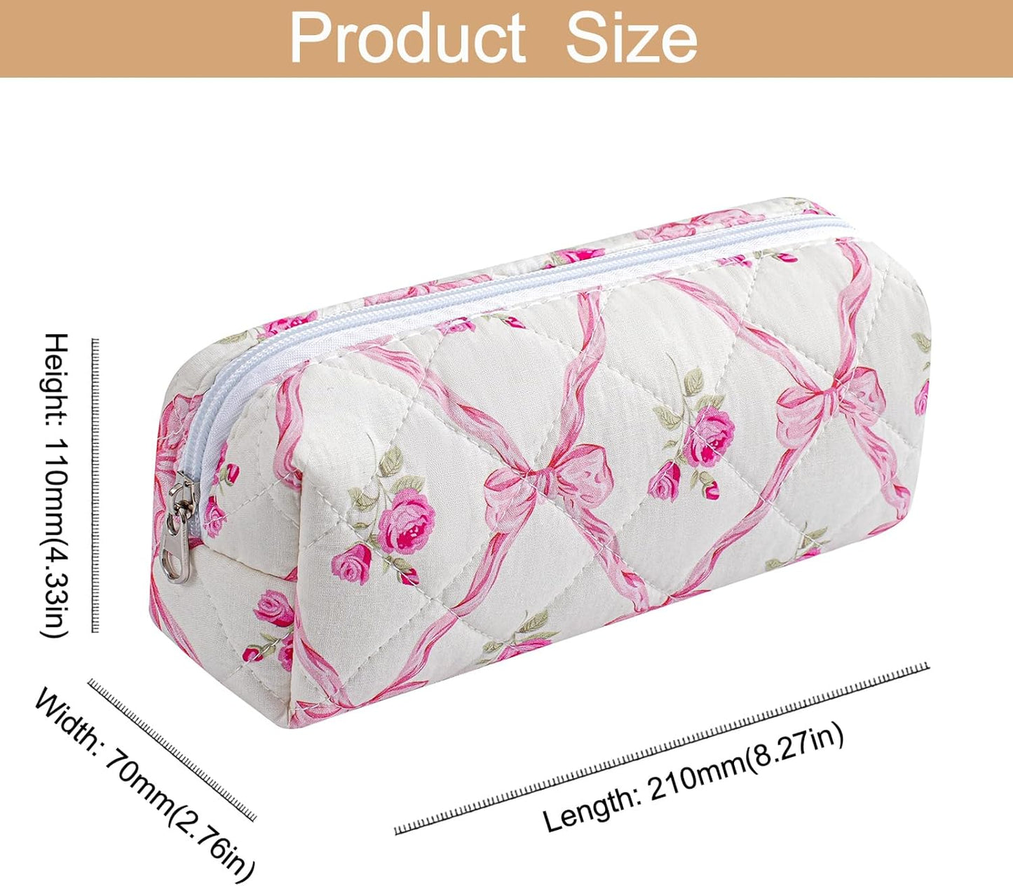 Cute Floral Cotton Makeup Brush Cosmetic Bag for Women, Travel Quilted Zipper Make Up Bag, Flowers Toiletry Organizer Case Kawaii Makeup Cosmetic Travel Cloth Pouch (Pink Bowknot)