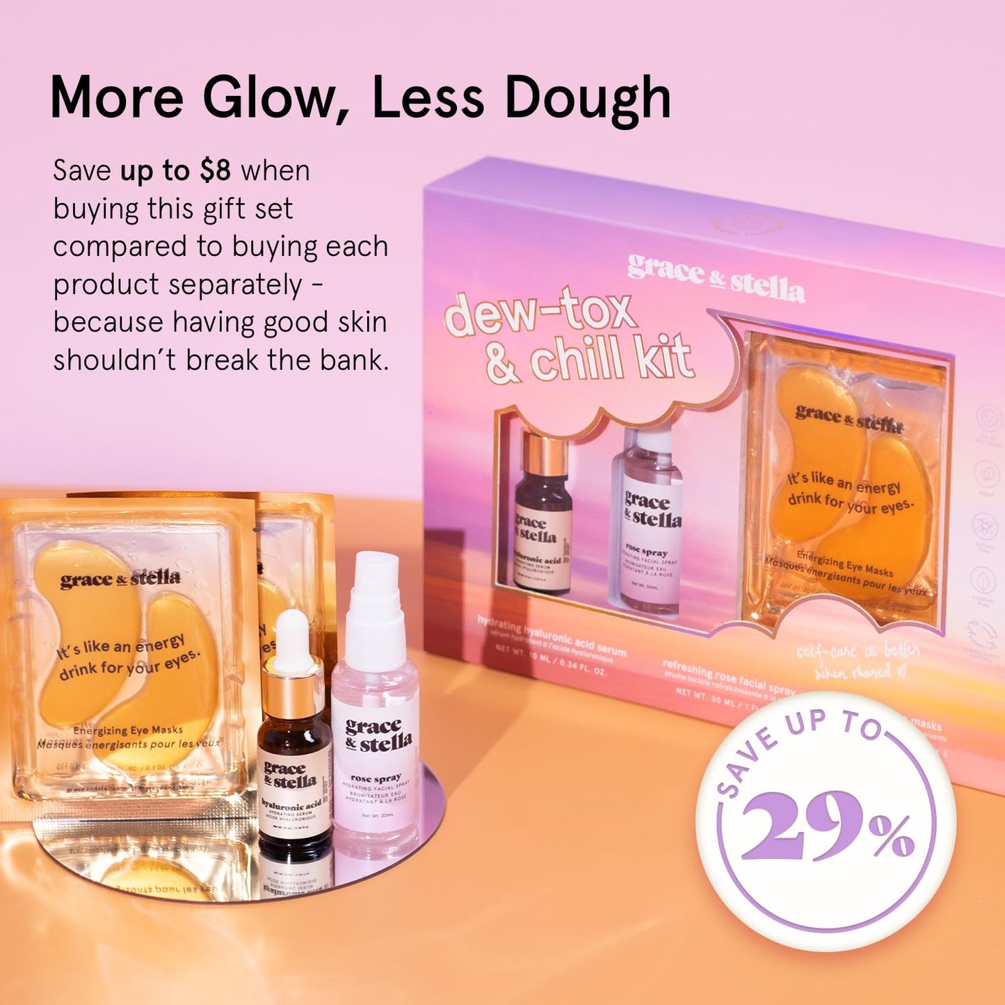 grace & stella Award-Winning Skin Care Set - Stocking Stuffers, Christmas Gifts for Women - Travel Essentials with Gold Eye Masks, Hyaluronic Acid Serum & Rose Spray - Birthday & Bachelorette Favors