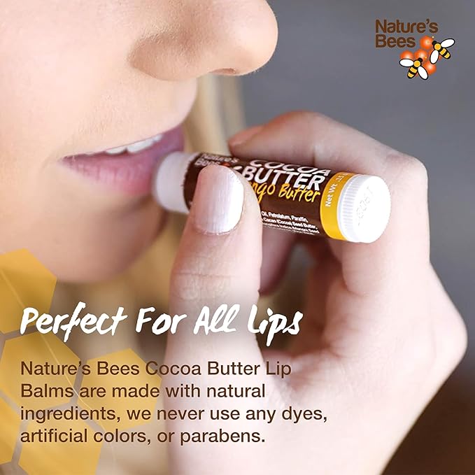 Nature's Bees Cocoa Butter Lip Balm, Lip Care for Dry Lips, Made with Coconut Oil, Beeswax, Vitamin E, Aloe, and Shea Butter, 0.15 oz Each, 3 Flavors Coconut, Cherry, and Mint, 24 Pack