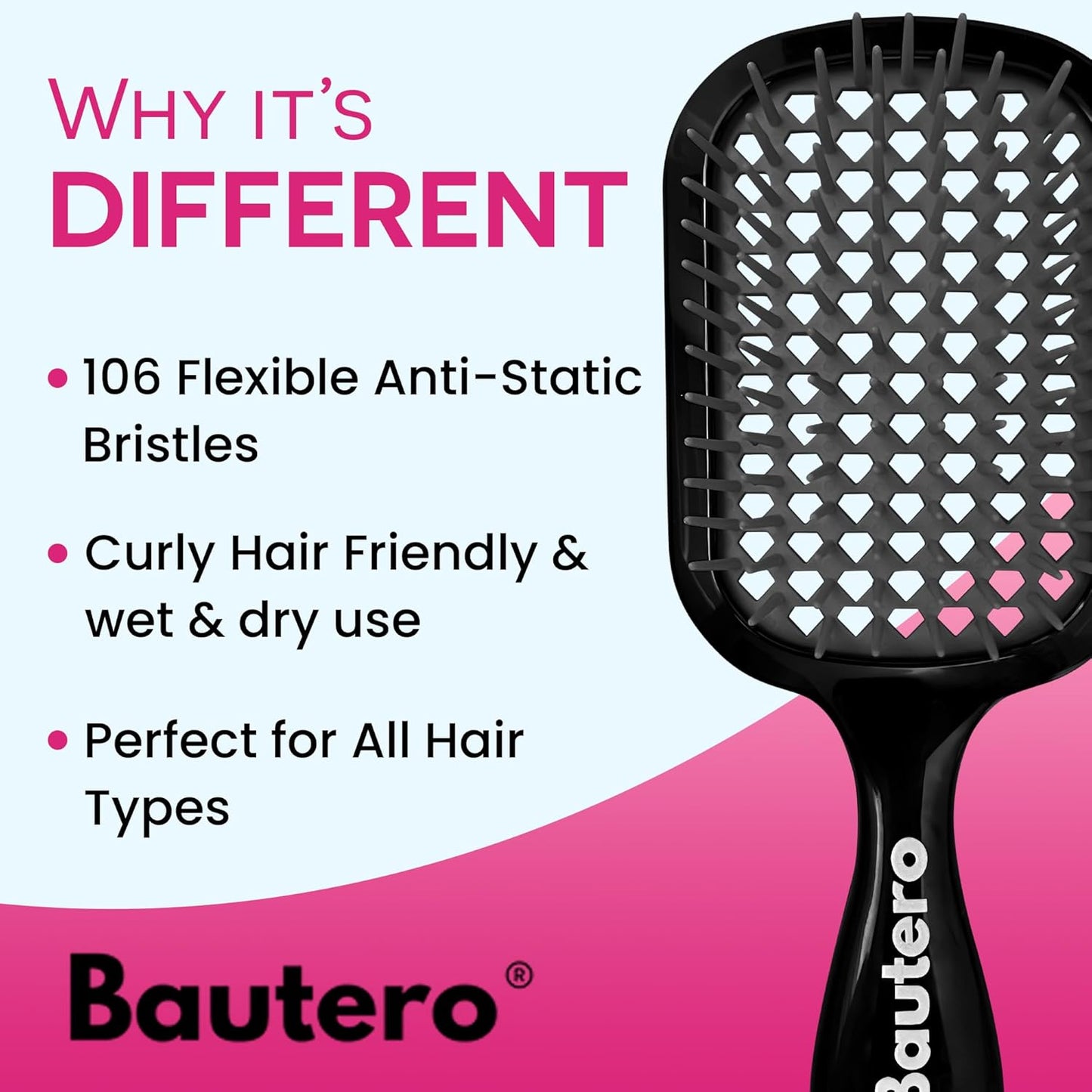 Detangling Hair Brush Juni Midnight with Anti-Static Bristles, Black, 8.9x3.15 Inch, 106 Flexible Bristles, Lightweight Ergonomic Design for Wet Dry Hair, Pain-Free Knot Removal