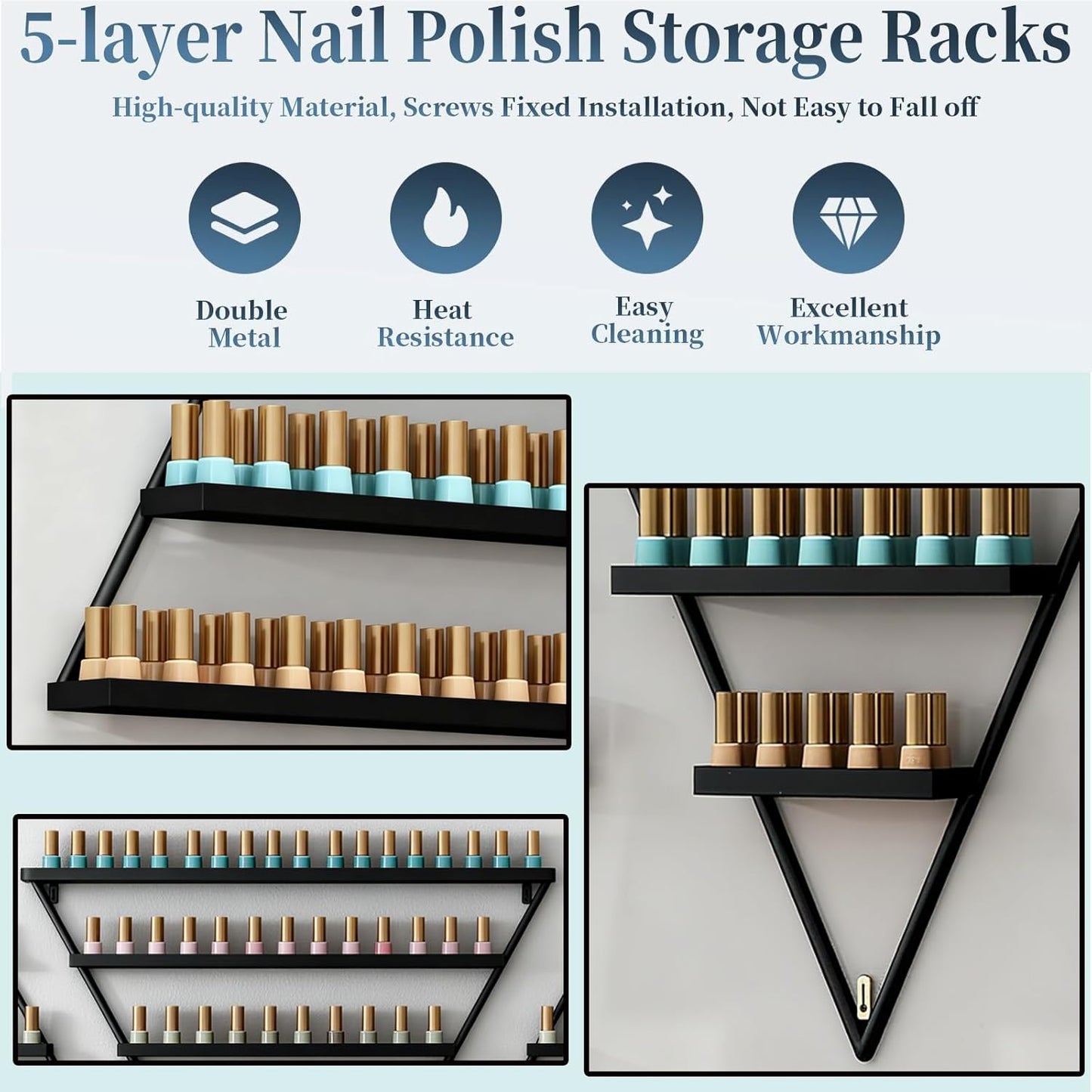 10 Packs Metal Nail Polish Storage Racks, 5 Tiers Wall-Mounted Triangular Display Rack Holds 600 Bottles Cosmetic Display Cases & Lipstick Perfume Display Rack for Home Spas Salons (Black)