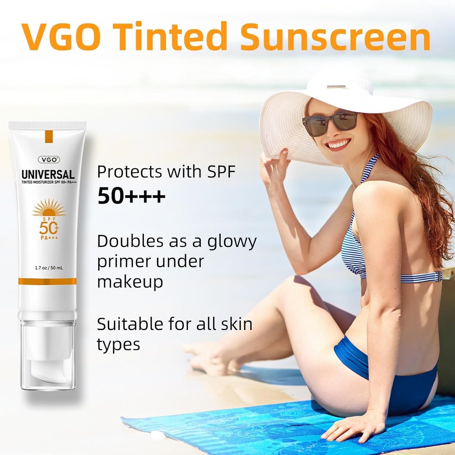 VGO Tinted Sunscreen SPF 50, Hydrating Sun Essence Face Leaves No Sticky Feeling Travel Size Sunscreen Against UVA and UVB Rays 50ml / 1.7oz - 2 Packs