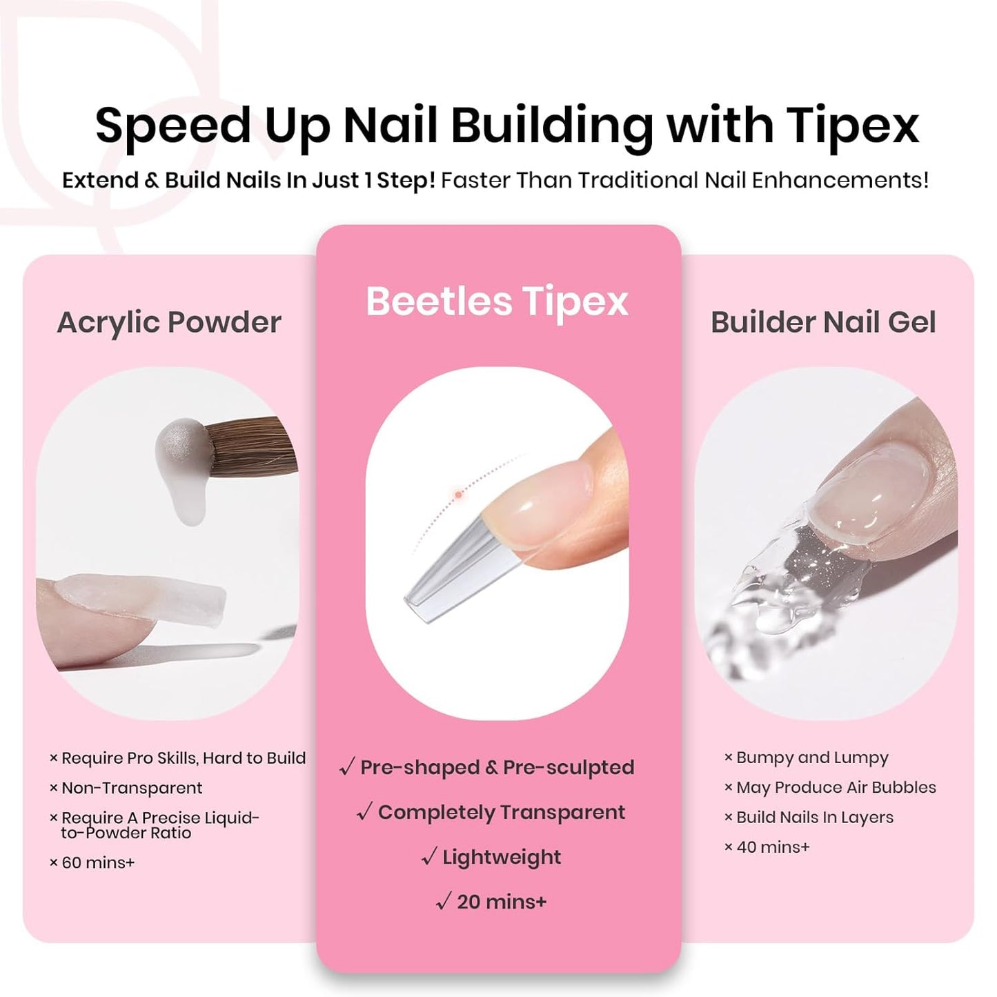 Beetles Tipex Gel Nail Kit with 224Pcs 16Sizes Medium Coffin Apex Nail Tips C Curved , Pre-building Acrylic Nails with Tipex Nail Glue，Mini Nail Lamp, Nail File for DIY Nails or Salon Use