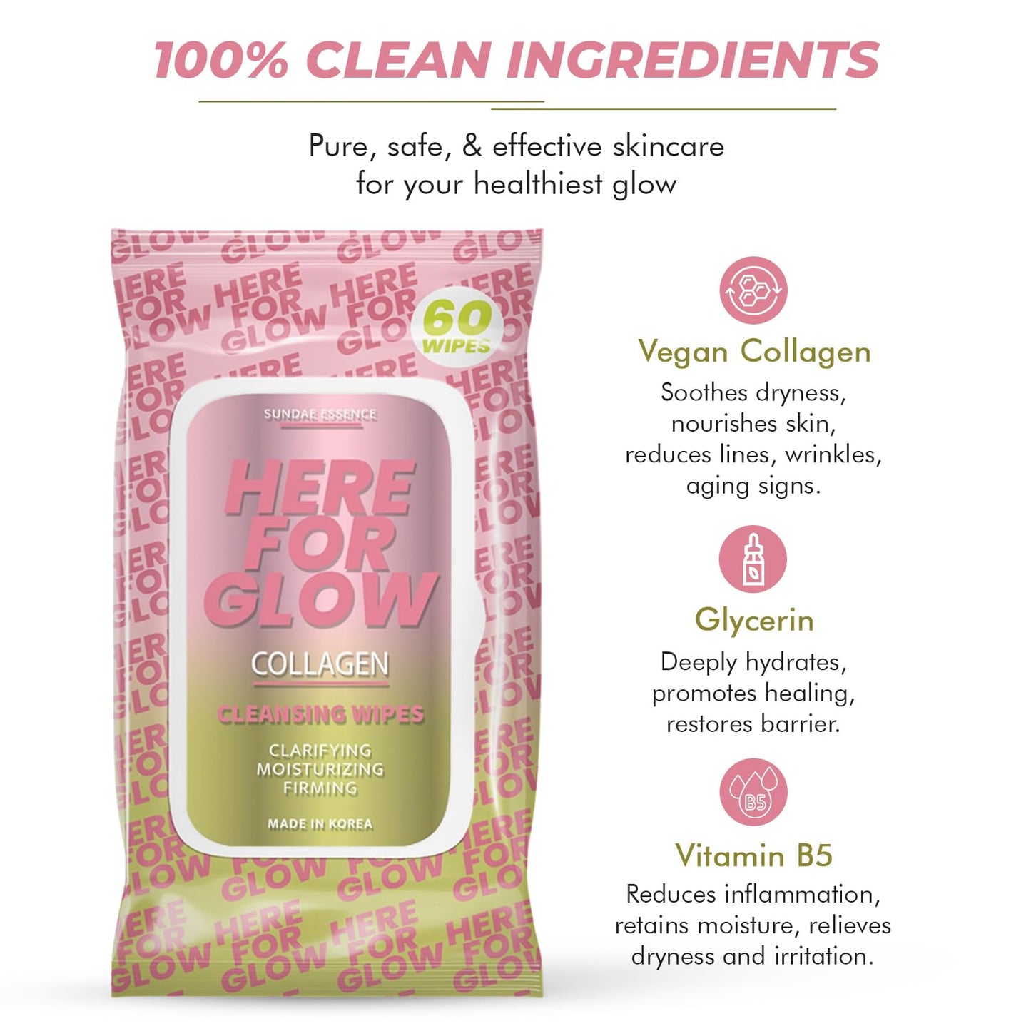 Collagen Facial Wipes - Dermatologist-Tested, Korean Skin Care, Hydrating & Firming Face Wipes for Cleansing & Refreshing - Gentle, Vegan, 95% Natural - 1 Pack