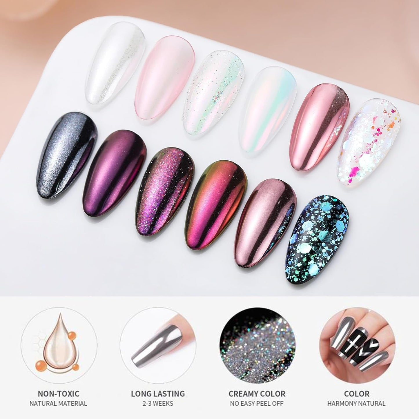 Born Pretty Pink Chrome Nail Powder Metallic Mirror Glitter Sequins Holographic Aurora Pigment Powder Manicure Nail Art Decoration Sets 6 Boxes