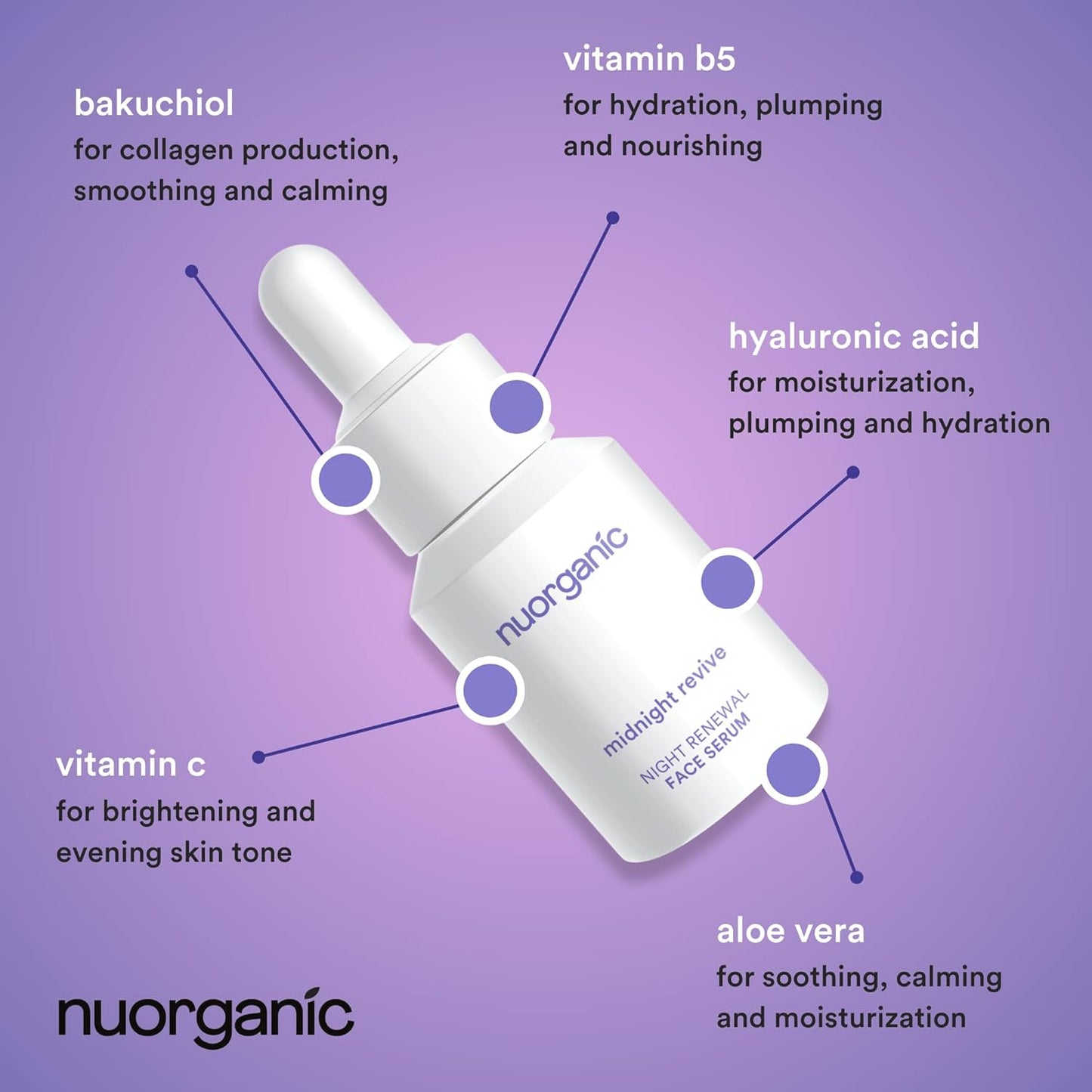 nuorganic Bakuchiol Serum With Plant Stem Cells, Peptides & Vitamin C - Anti Aging, Soothing, Hydrating - 1fl Oz 30ml