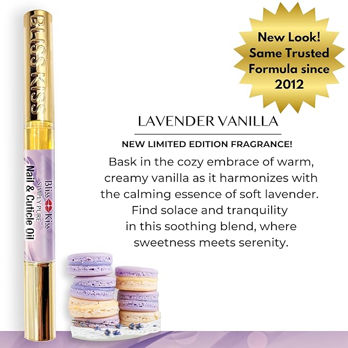 Bliss Kiss | 1 Lavender Vanilla | Nail Oil Cuticle Pen w/Vitamin E & Jojoba⏤Nail Strengthener Nail Growth Serum for Brittle Peeling Breaking Thin Nails
