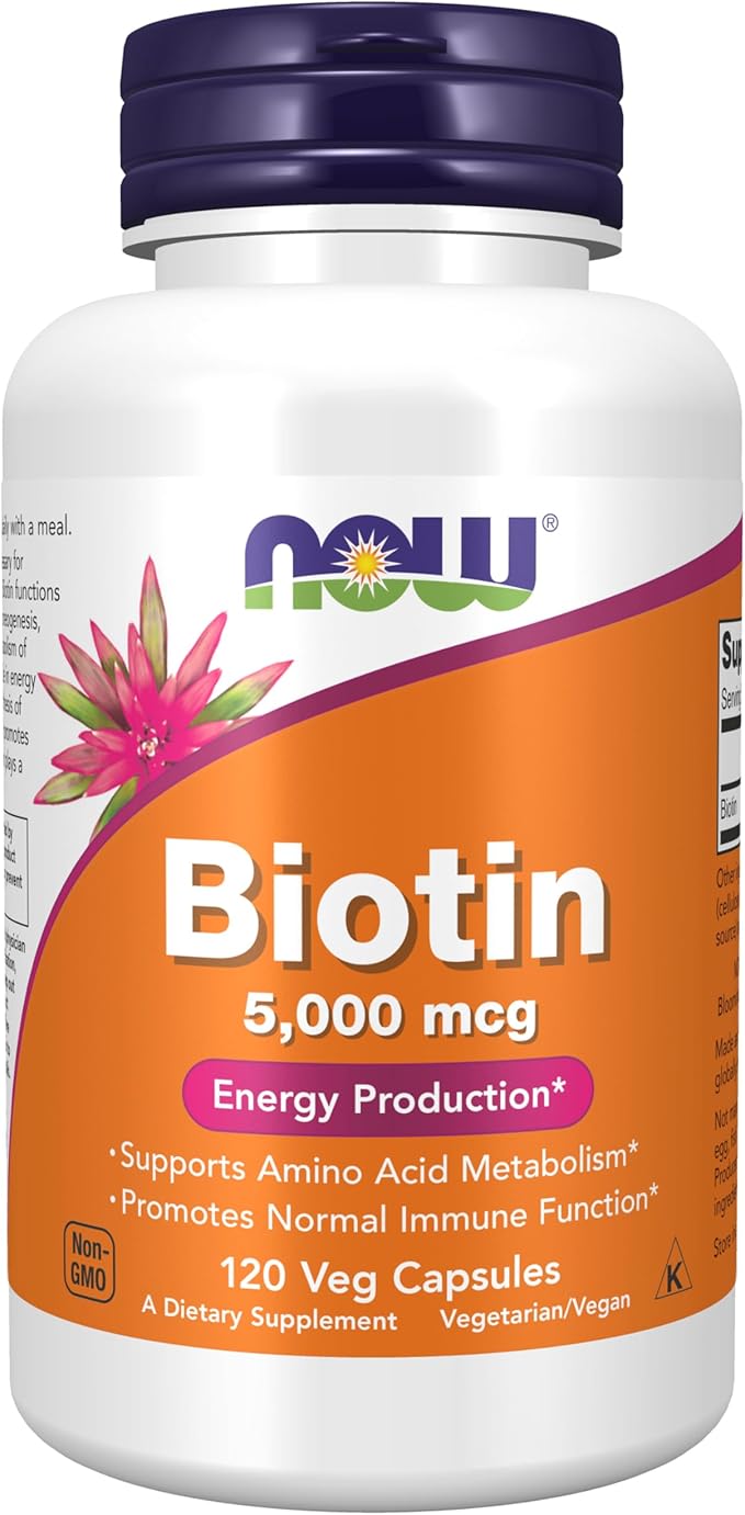 NOW Foods Supplements, Biotin 5,000 mcg, Amino Acid Metabolism*, Energy Production*, 120 Veg Capsules