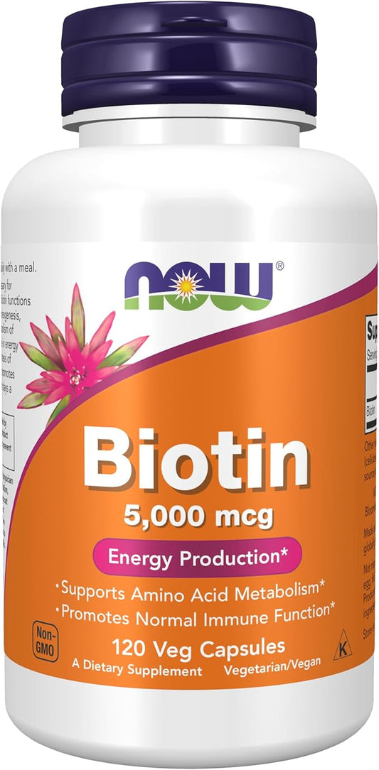 NOW Foods Supplements, Biotin 5,000 mcg, Amino Acid Metabolism*, Energy Production*, 120 Veg Capsules
