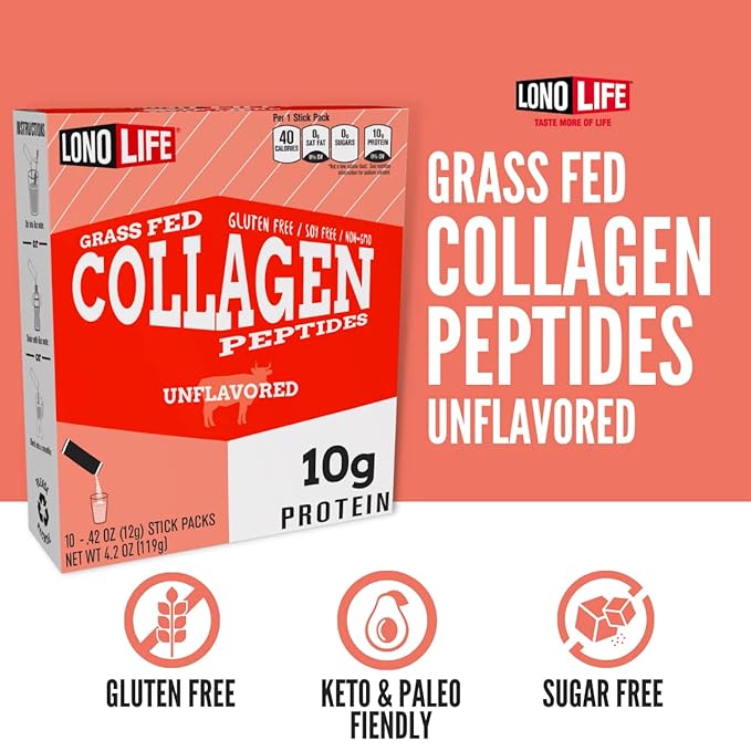 LonoLife - Unflavored Collagen Peptides with 10g Protein, Paleo and Keto Friendly, Portable Individual Packets, 10 Servings, 10 Count