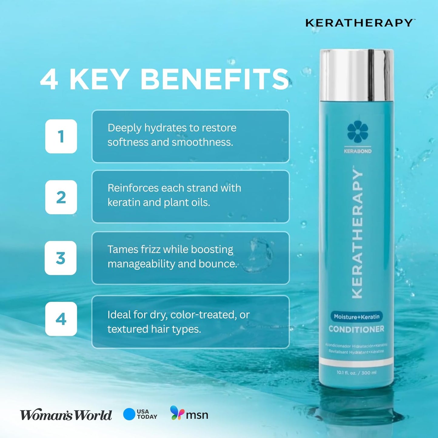 KERATHERAPY Keratin Infused Moisture Conditioner, 10.1 fl. oz., 300 ml - Hydrating & Moisturizing Conditioner for Dry or Damaged Hair with Collagen, Jojoba Oil, & Kerabond Technology - Sulfate Free