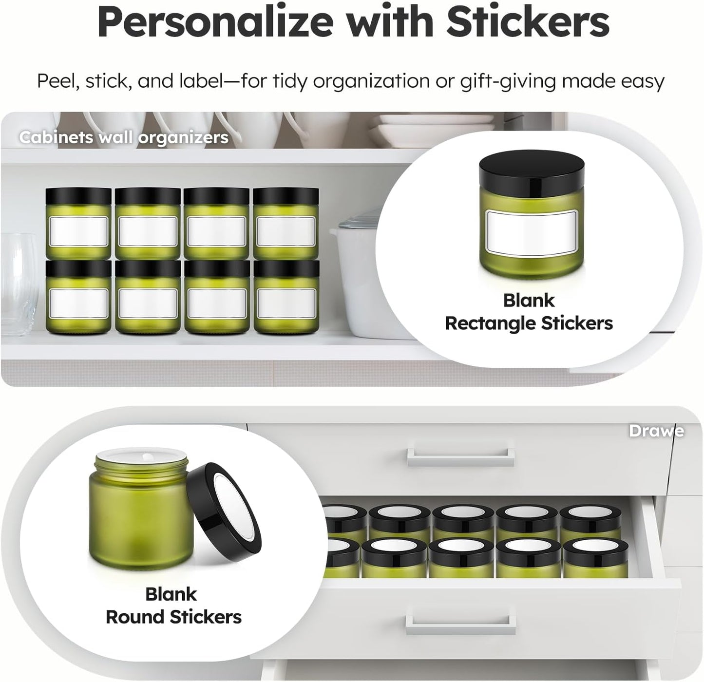 Tecohouse 4 oz Glass Jars with Lids, 48 Pack Green Canning Mason Jars with Lids, White Labels & Inner Liners, Empty Airtight Round Clear Slime Containers for Spice, Lotion, Ointments