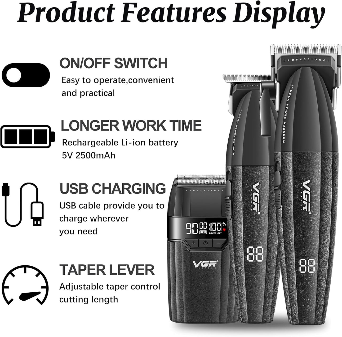 VGR 640S3 Professional 3 in 1 Hair Cutting Kit, 9000RPM Hair Clippers for Men Professional Hair Trimmer & Foil Shavers Set, Cordless Mens Barber Combo for Home, for Him(Black)