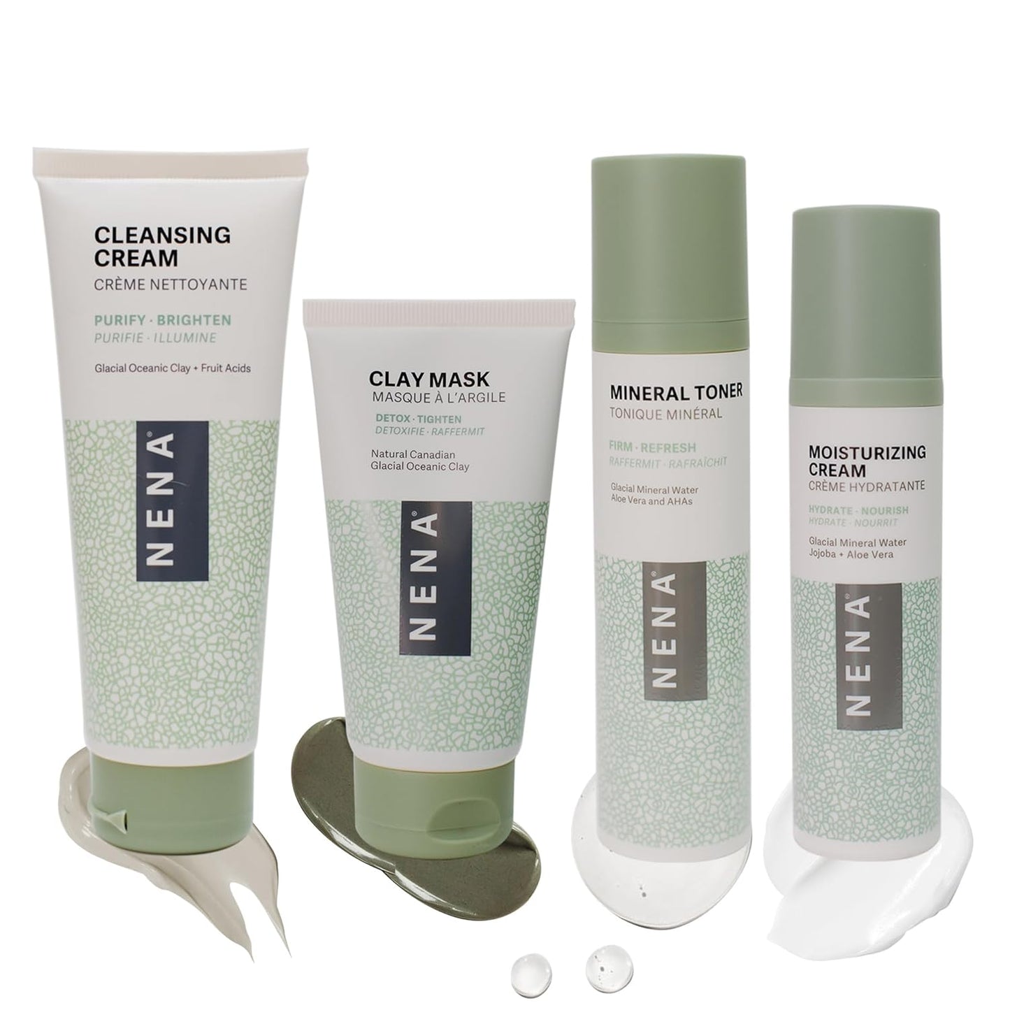 NENA Skincare Natural Skincare Kit - Cleansing Cream Face Wash - Clay Mask for Face - Mineral Hydrating Toner - Moisturizing Cream - Vegan - 4 Pc