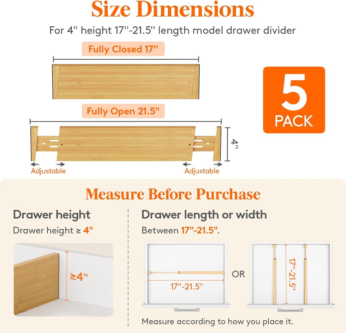Lifewit 5 Pack 4" High Bamboo Drawer Dividers, 17-21.5" Adjustable Drawer Organizers for Clothes, Wood Dresser Drawer Divider, Expandable Deep Drawer Separators for Dresser, Kitchen, Bedroom, Bathroom