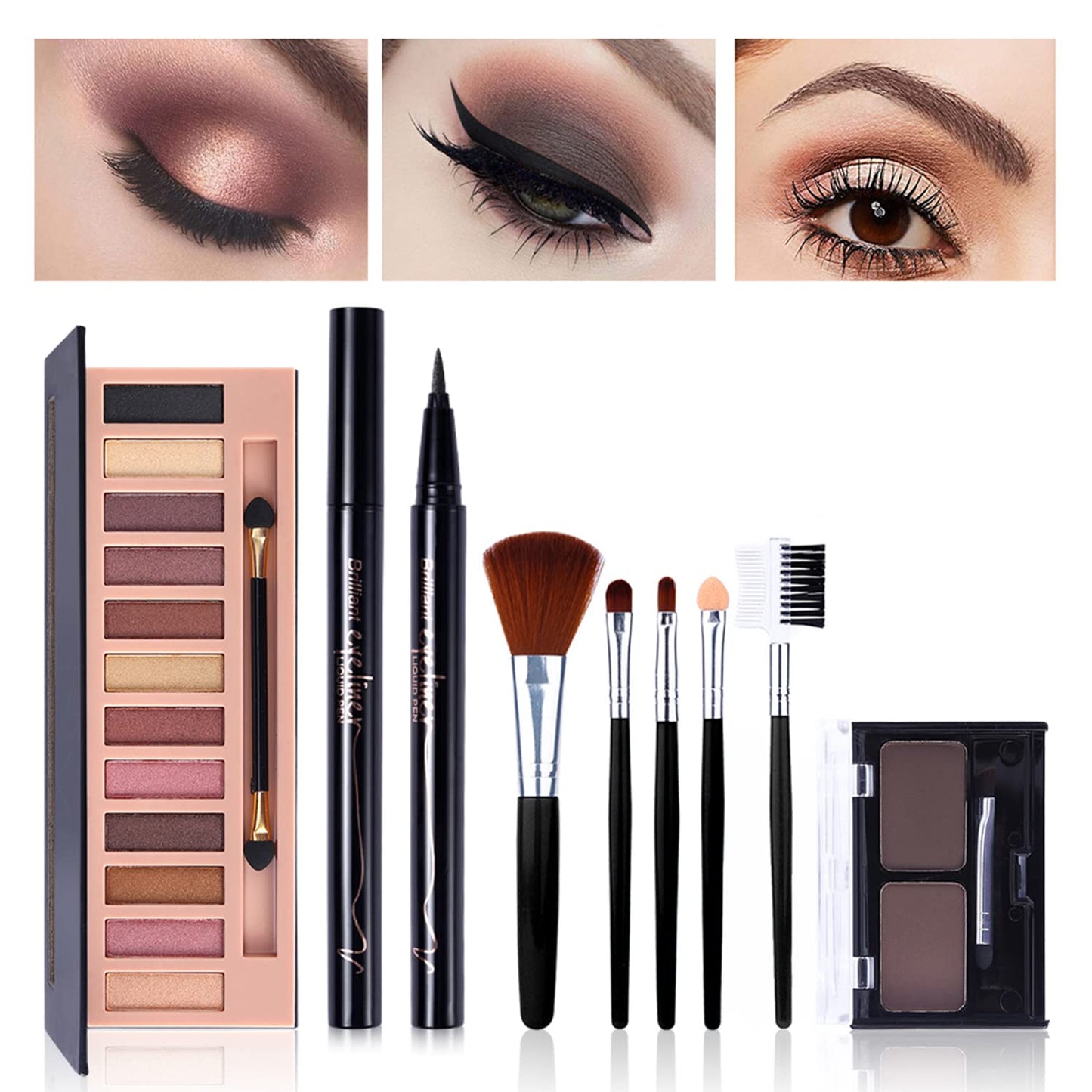 All in One Makeup Kit,12 Colors Nude Shimmer Eyeshadow Palette, Waterproof Black Eyeliner Pencil, Duo Pressed Eyebrow Powder Kit, 5 Brushes With Quicksand Cosmetic Bag Gift Set