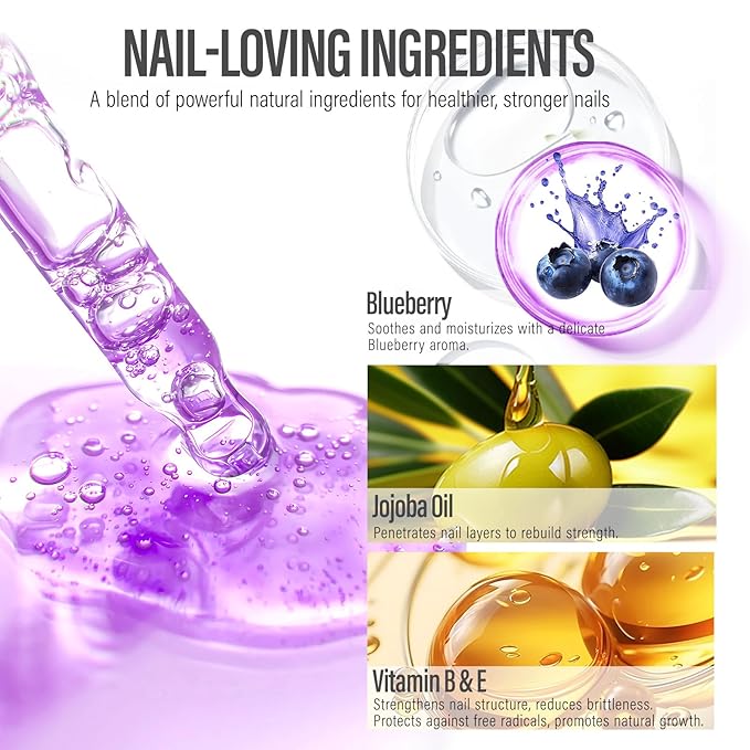 CHUCHU Nail Strengthener - Blueberry Scent Nail Repair Growth Moisturizing Treatment - Natural Jojoba Vitamin B & E Cuticle Oil for Dry Cracked Nails