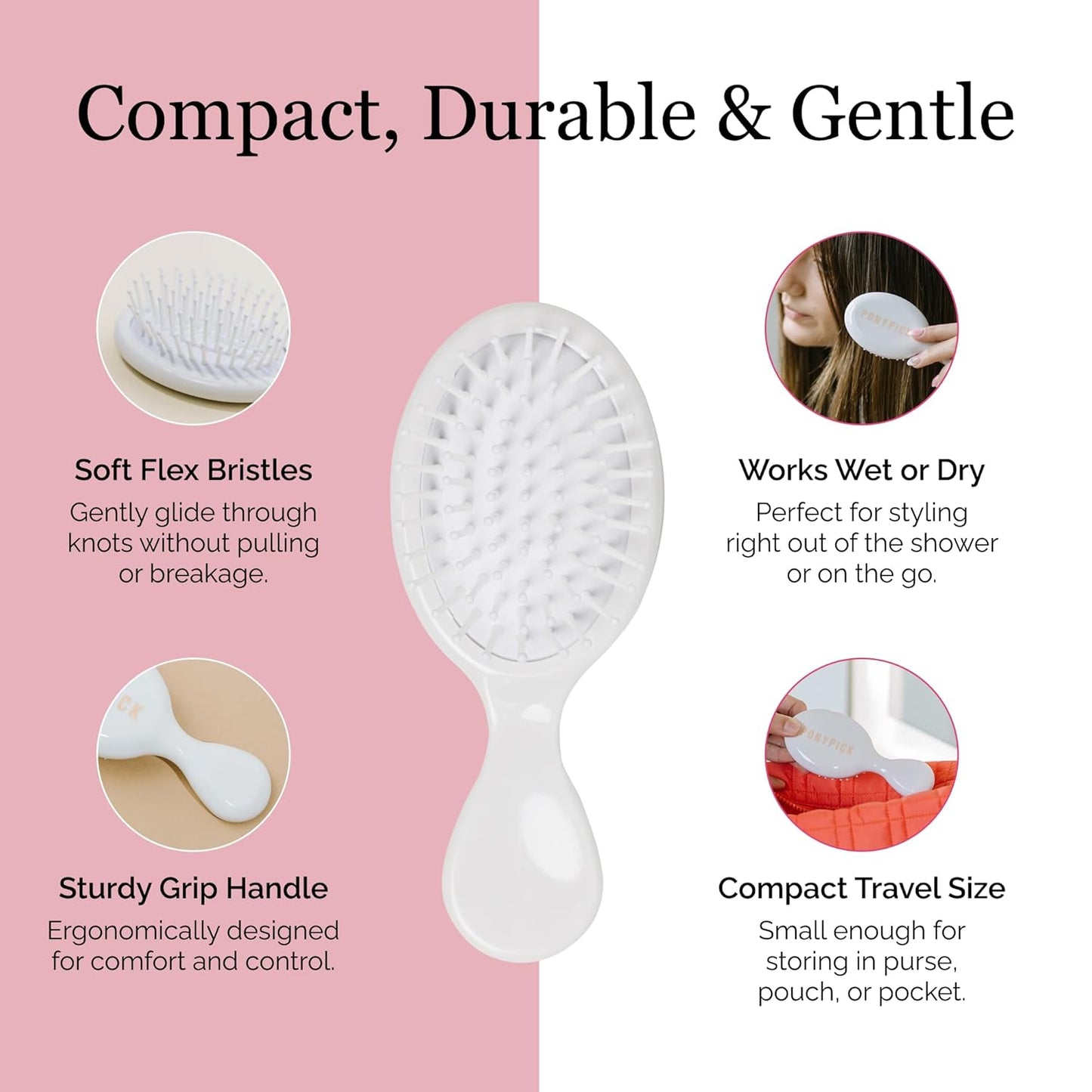 White Mini Hair Brush - Travel size, Compact Hair Brush for Wet & Dry Hair - On-the-go Travel - Easy to Use Hair Detangler Brush