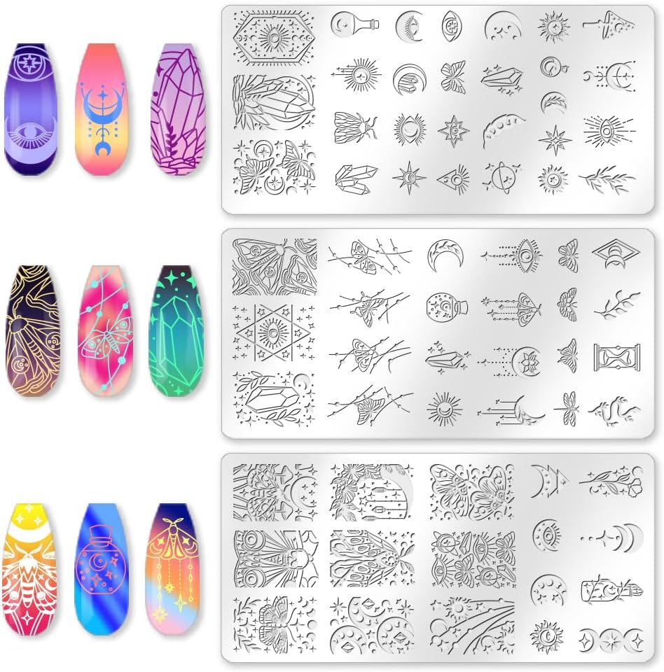3Pcs Moth Nail Stamping Plate Set Butterfly Sun Moon Eyes Crystal Stainless Steel Nail Stamp Templates Clear Silicone Nails Stamping with Stamper Scraper for Manicure Printing