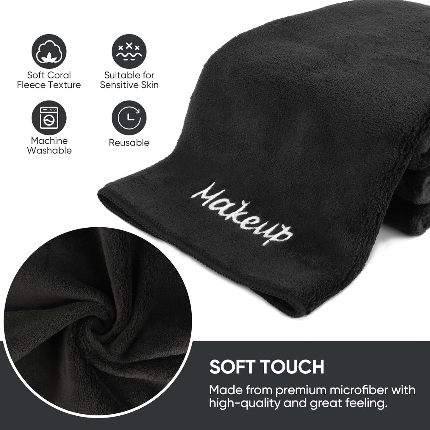 Makeup Remover Cloth, 48 Pack Black Facial Wash Cloths, Soft Coral Fleece Microfiber Towel for Face, Hand, and Bathroom(13" x 13")