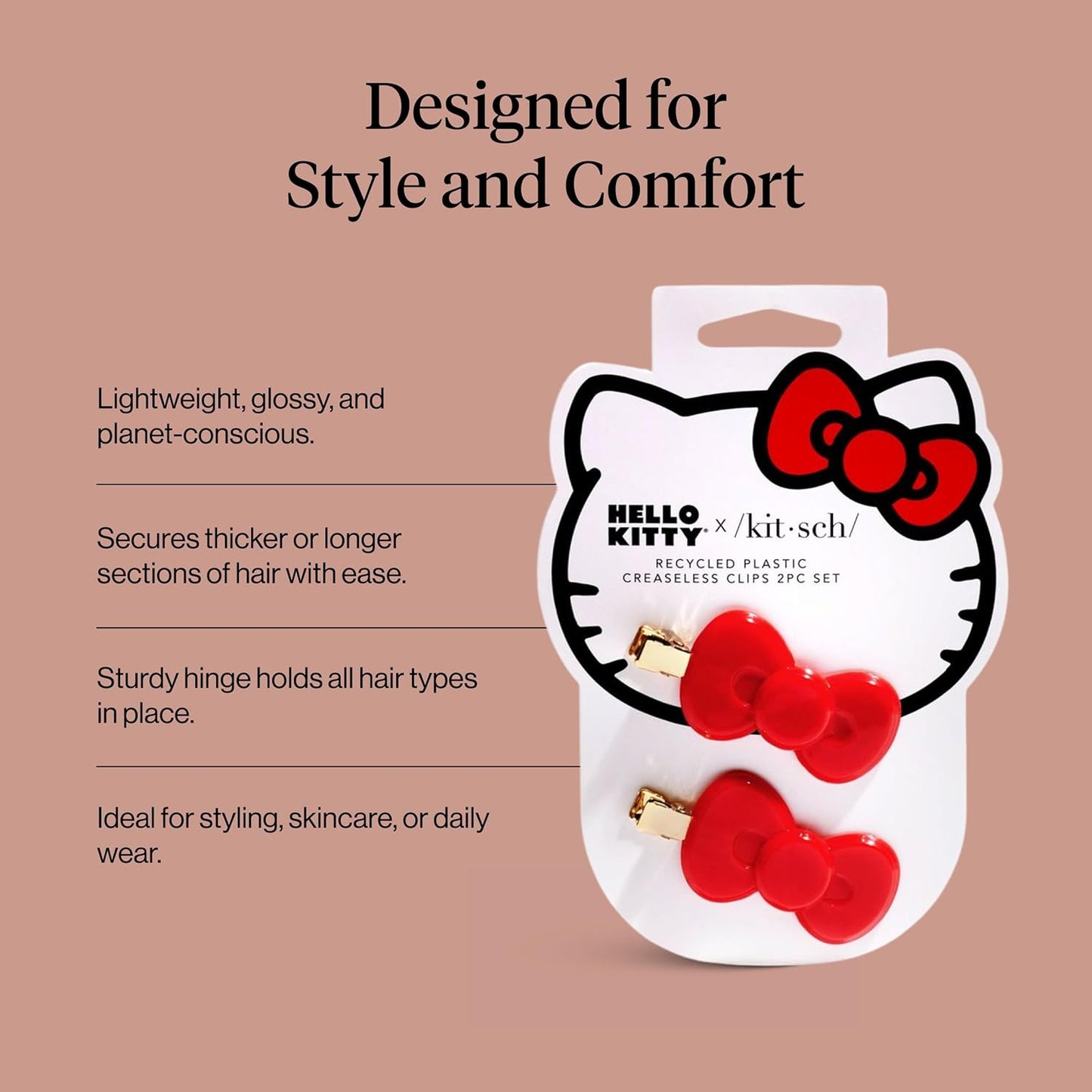 Hello Kitty x Kitsch Creaseless Hair Clips for Women - No Crease, No Bend Hair Clips for Styling, Bangs, Makeup Application, Face Wash | Durable Plastic - Red Bow Design | Ideal Gifts for Women, 2pc