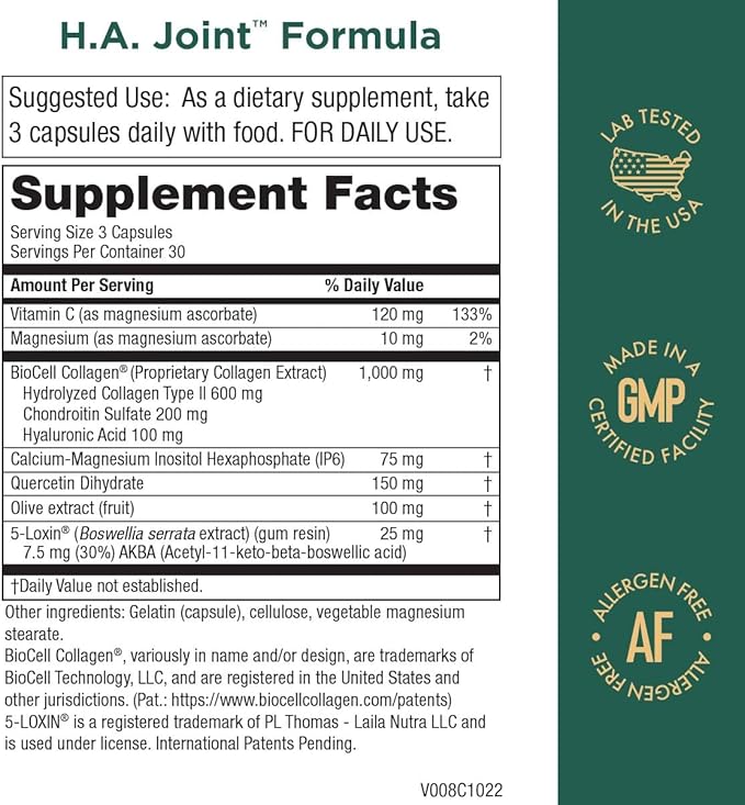 Purity Products HA Joint Formula Hyaluronic Acid + Key CoFactors - Joint + Skin Multi Collagen (Type I, II & III) - 5-Loxin - Olive Fruit Extract - Joint Flexibility + Mobility - 90 Capsules (3)