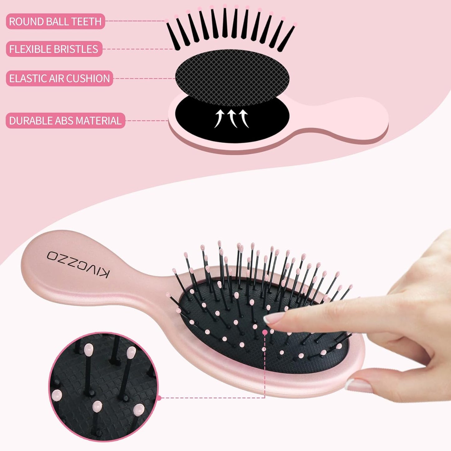 Mini Hair Brush for Detangling, Portable Travel Hairbrush for Women & Kids, Gentle Knot Detangler Brush for Wet/Dry Hair, Compact Hair Brush for Purse, Car, Backpack (2-Pack,Pink/Green/Matte)