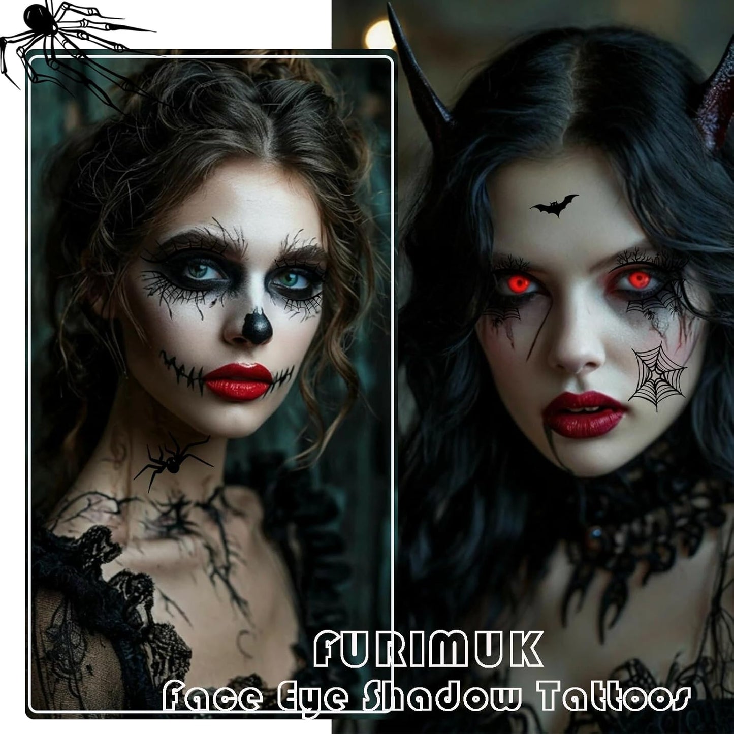 4 Sheets Halloween Face Eye Shadow Tattoo Stickers Eyeliner Decals Spider Web Skull Bat Face Makeup Temporary Tattoo Stickers for Women Halloween Masquerade Makeup Decoration