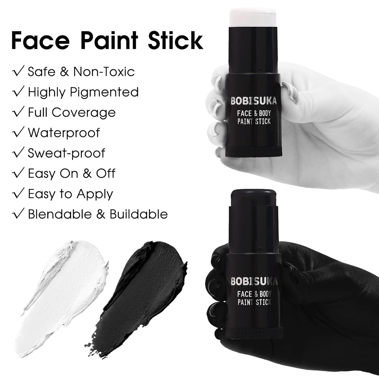 BOBISUKA Black & White Painting Kit - 2 Face Body Paint Sticks with 2 Paintbrushes & 2 Sponges Halloween Makeup Set for Clown Skeleton Skull Cosplay Special Effects Costume SFX , Eye Black for Sports