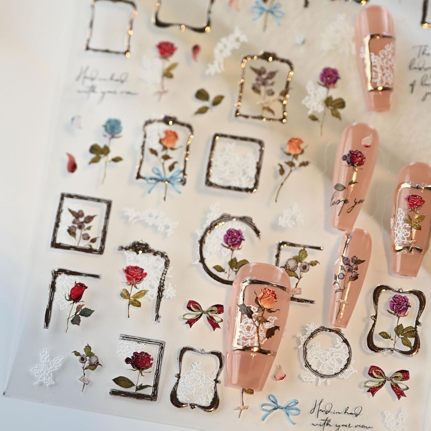 Golden Frame Rose Nail Stickers, Embossed Nail Decals,Vintage Floral for Nail Art Designs, Self-Adhesive Nail Accessories for Women