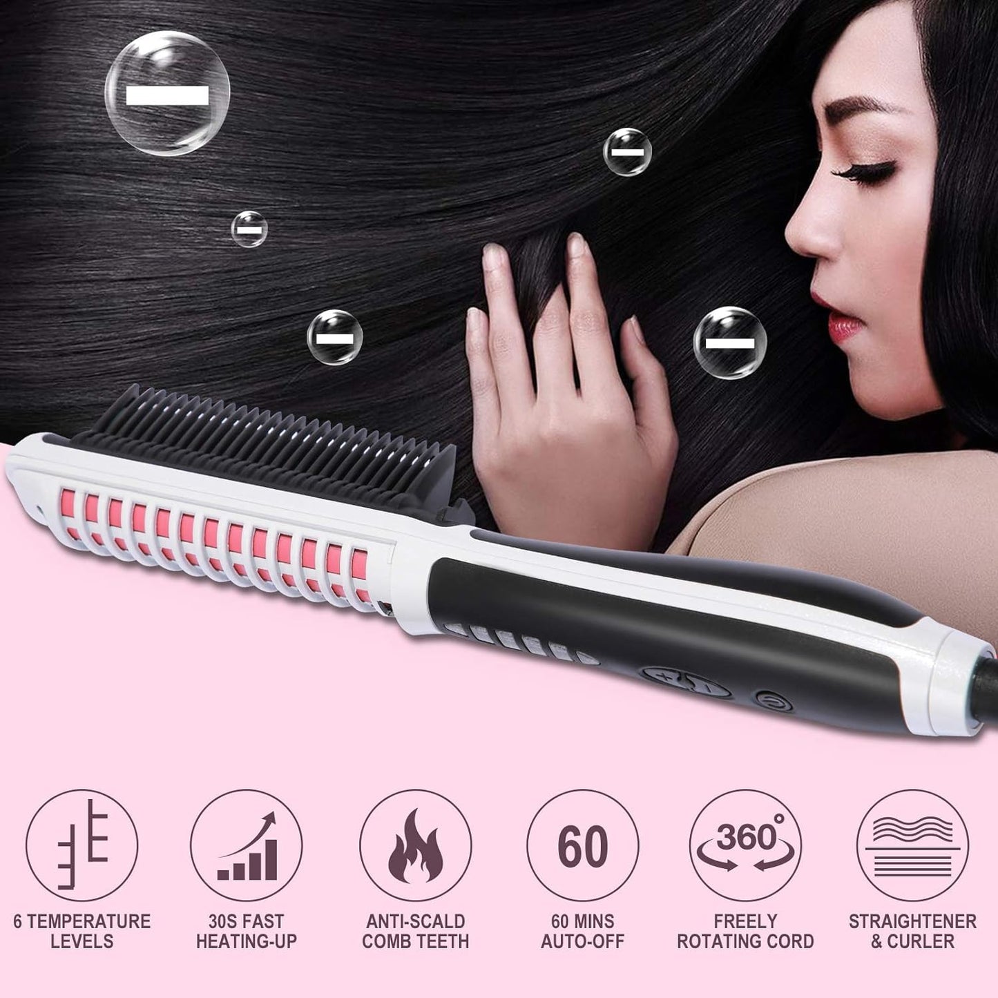 Hair Straightener and Curler 2-in-1 with Anti-Scald Technology, Fast Heating (30s), 6 Heat Levels for Every Hair Type, Auto Off, 360 Swivel Cord, Portable Straightening Iron or Curling Iron (White)