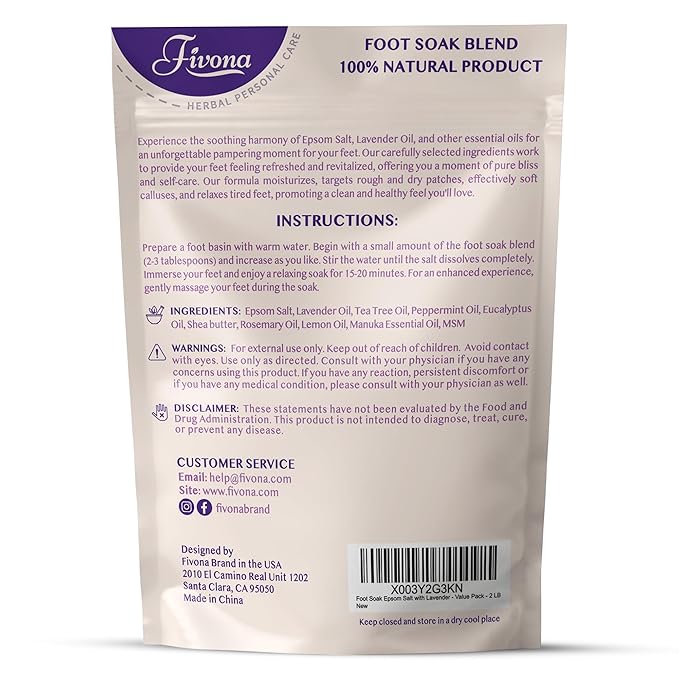 Foot Soak Epsom Salt with Lavender - Value Pack - 2 LB - Calming Foot Bath Salt, Relax & Renew Tired Feet, Soothe Soreness, Soften Calluses - Rejuvenating Pedicure Spa at Home