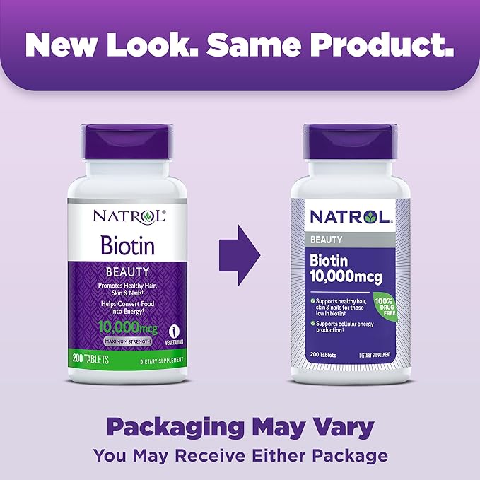 Natrol Biotin 10000mcg, Supplement for Healthy Hair, Skin and Nails for Those Low in Biotin, Plus Energy Metabolism Support, 200 Tablets, Up to a 200 Day Supply