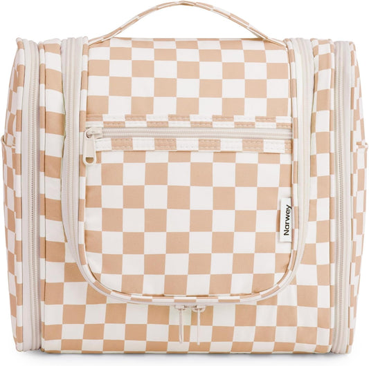 Narwey Checked Hanging Travel Toiletry Bag for Women, Travel Bag for Toiletries, Makeup Bag Organizer Cosmetic Bags Make Up Bags for Women (Light Checkerboard)