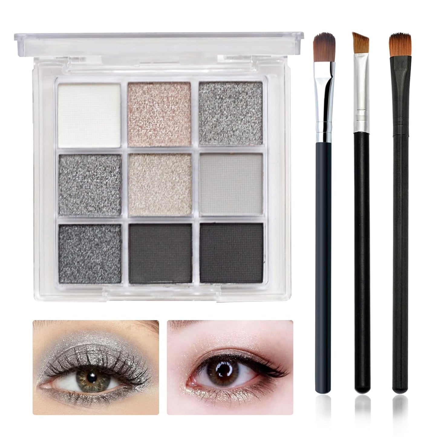 Black Grey Smoky Eyeshadow Palette,15 Colors Matte Shimmer Pigmented Eye Shadow Makeup Palette Set with 3 Eyeshadow Brushes,Glitter Eyeshadow Makeup Palette for Daily Halloween Goth Makeup(D)