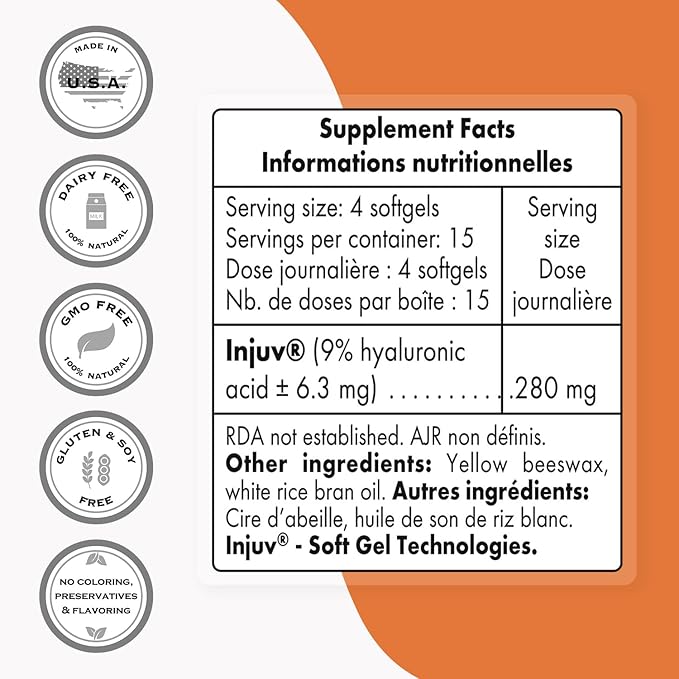 Supersmart - Injuv Hyaluronic Acid 280mg per Day (Highly Bioavailable) - Patented Hyaluronic Acid HA Supplement - Skin & Joints | Gluten Free - 60 Softgels
