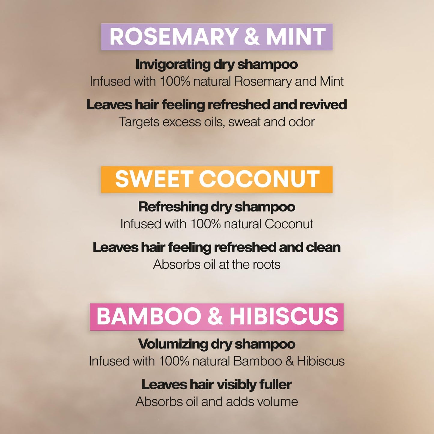 Suave+ Dry Shampoo Spray Variety 3-Pack – Invigorating Rosemary & Mint, Volumizing Bamboo & Hibiscus + Refreshing Sweet Coconut, 4.3 Oz Ea