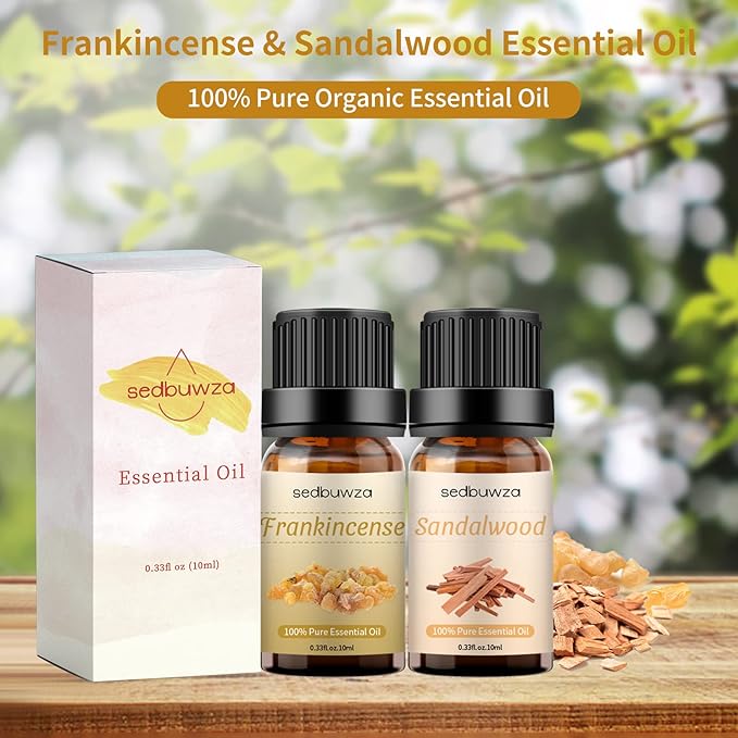 Sedbuwza Sandalwood Frankincense Essential Oil Set, Sandalwood Fragrance Oil Frankincense Scent Oil Set for Diffuser, Aromatherapy, Massage, Soap, Candle Making 2 x 10 ml