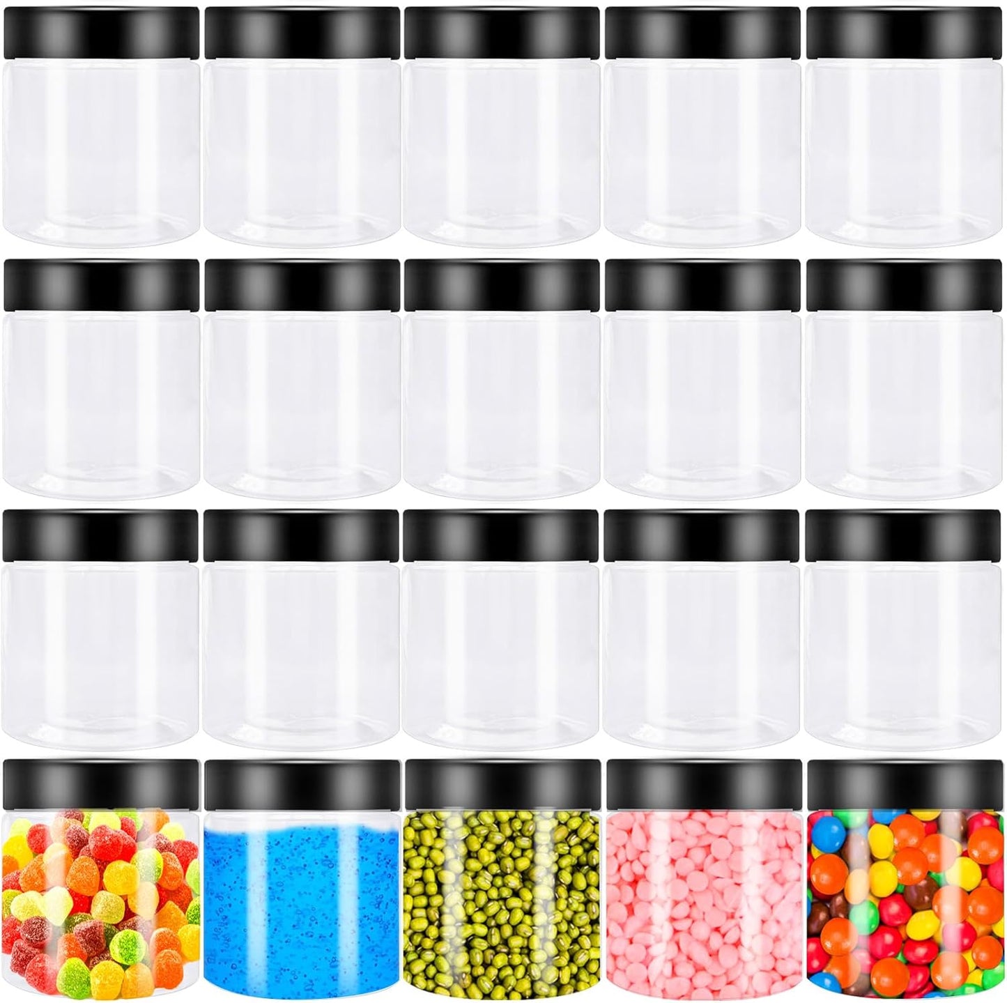 20Pcs 4oz Plastic Slime Containers with Black Lids,Round Refillable Travel Storage Sealed Jars Clear Wide Mouth Container for Candy,Food Storage,Makeup,Cosmetics,Lotions,Eye Shadow,Cream,Samples