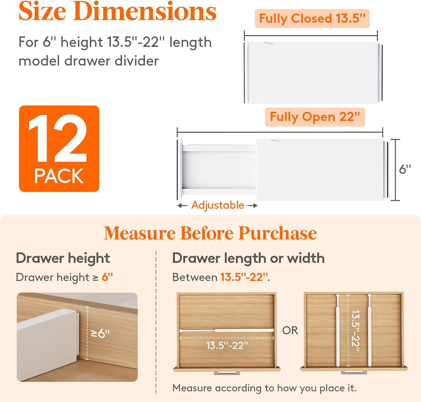 Lifewit 12 Pack Drawer Dividers Plastic 6" High, 13.5-22" Adjustable Drawer Organizers for Clothes, Expandable Dresser Separators in Bedroom/Bathroom/Kitchen/Fridge/Office Organization and Storage