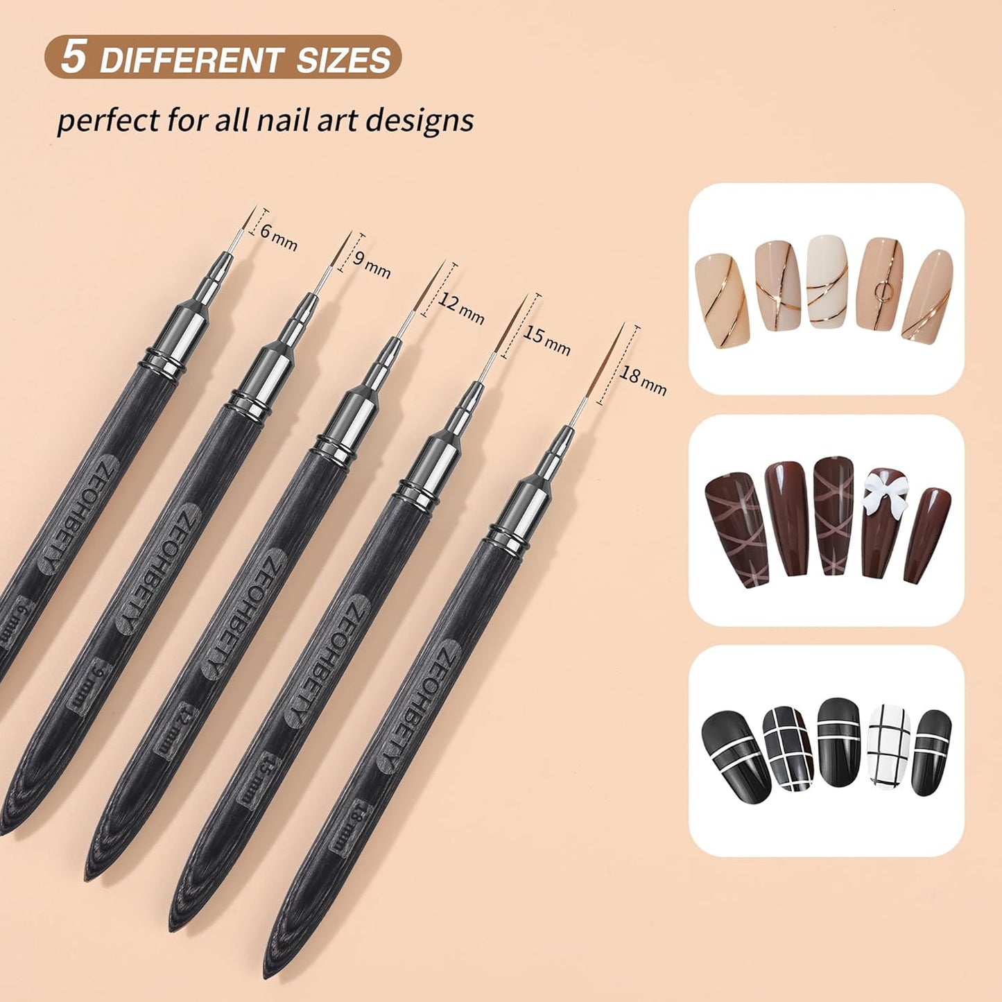 Wooden Nail Art Brushes, 5Pcs Nail Art Liner Brushes, Painting Art Design Brush Set Nail Dotting Drawing Tool for Long Lines, Thin Details, Fine Drawing Sizes 6/9/12/15/18mm, Grey