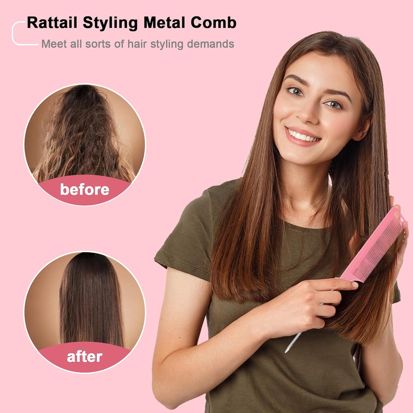 6 PCS Rat Tail Hair Parting Combs - Steel Pin Rat Tail Teasing Fine Tooth Comb Set for Women,Rattail Styling Metal Comb with Stainless Steel Pintail,Carbon Heat Resistant Comb for Curly Braiding Hair