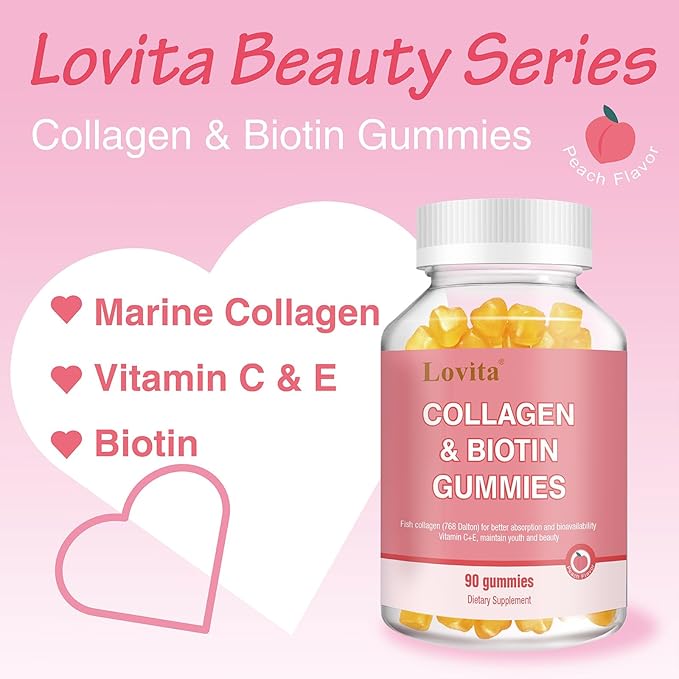 Lovita Marine Collagen Gummy with Biotin, Vitamin C & E | Type I Collagen for Skin Health | Peach Flavor | 90 Gummies