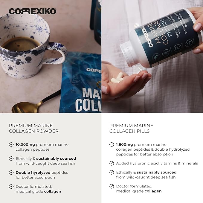 CORREXIKO Marine Collagen Supplement Pills & Powder Bundle - Includes 10,000mg Double Hydrolyzed Collagen Powder 15 oz & 5oz and 1800mg Collagen Peptides 120 Capsules - for Hair, Skin & Nails