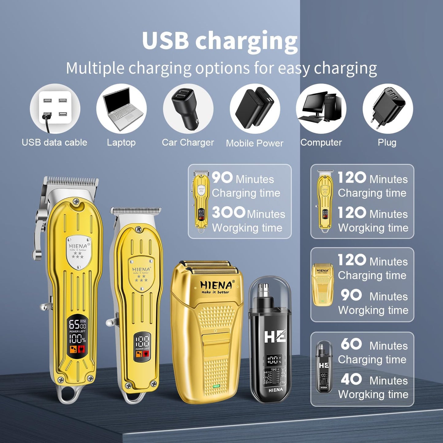 HIENA PRO Professional Hair Clipper Set, Rechargeable Cordless Barber Kit and Hair Cutting Set, Electric Foil Shavers and Beard Trimmers, Ear, Nose Hair Trimmer Set & Facial Grooming Tool (Gold)