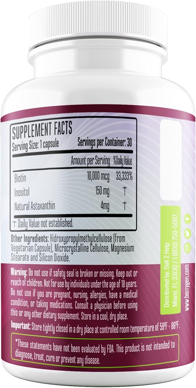 Berry Gen Biotin Supplement 10000 mcg Vegetarian Capsules - Support Hair Health & Growth, Help Heal Skin & Reduce Wrinkles and Moisturize Skin, Hair, and Nails - 30 Count (3)