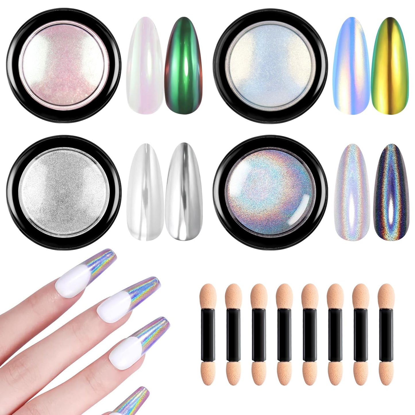 Chrome Nail Powder 4 Jars【Large Capacity 1g】Metallic Mirror Pearl Holographic Pigment Powder, Chrome Powder for Nails for Manicure Nail Art Decoration Sets