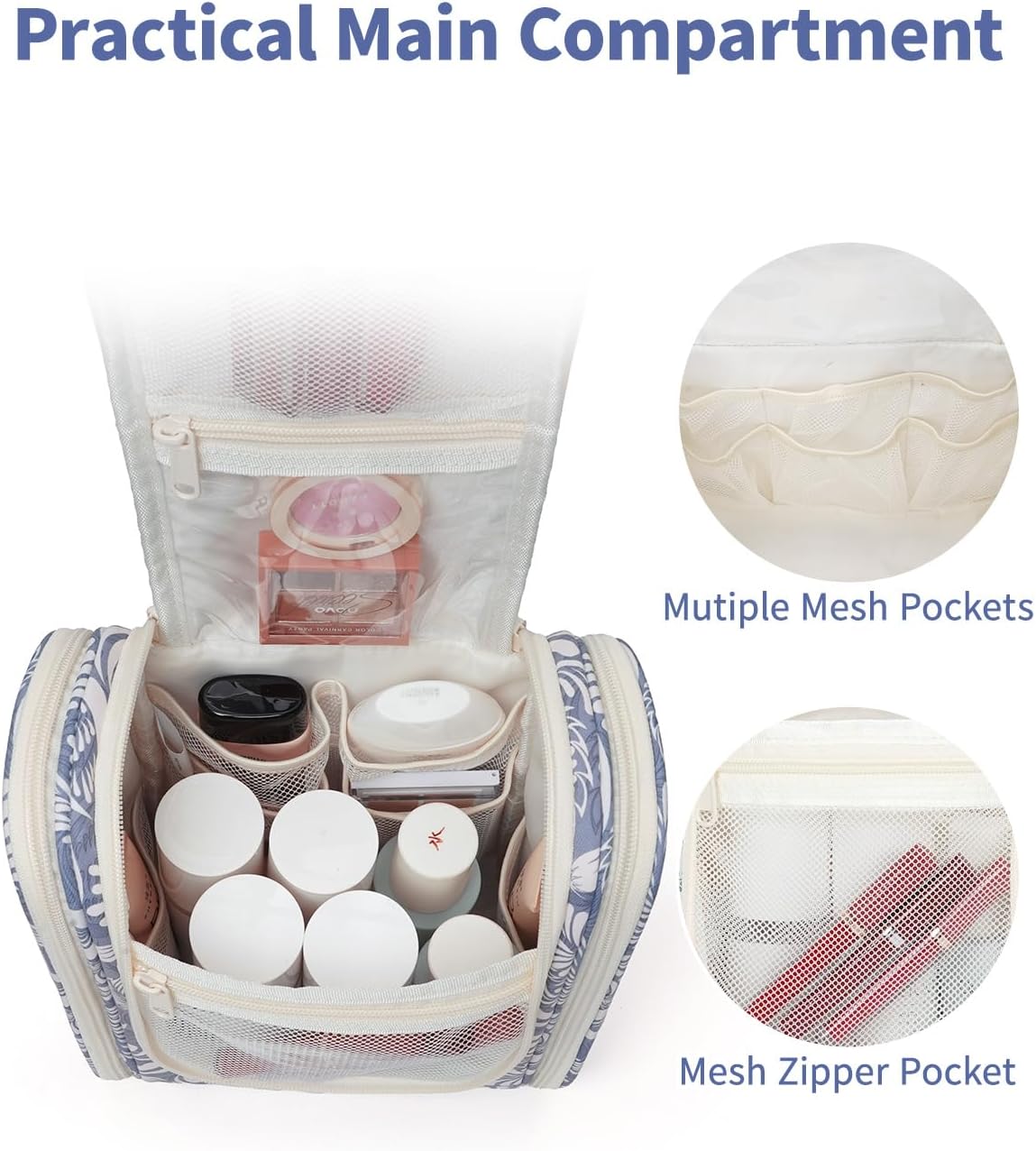 Narwey Small Hanging Toiletry Bag Women Travel Makeup Bag Organizer Toiletries Bag for Travel Size Essentials Accessories Cosmetics (Medium, Blue Leaf)