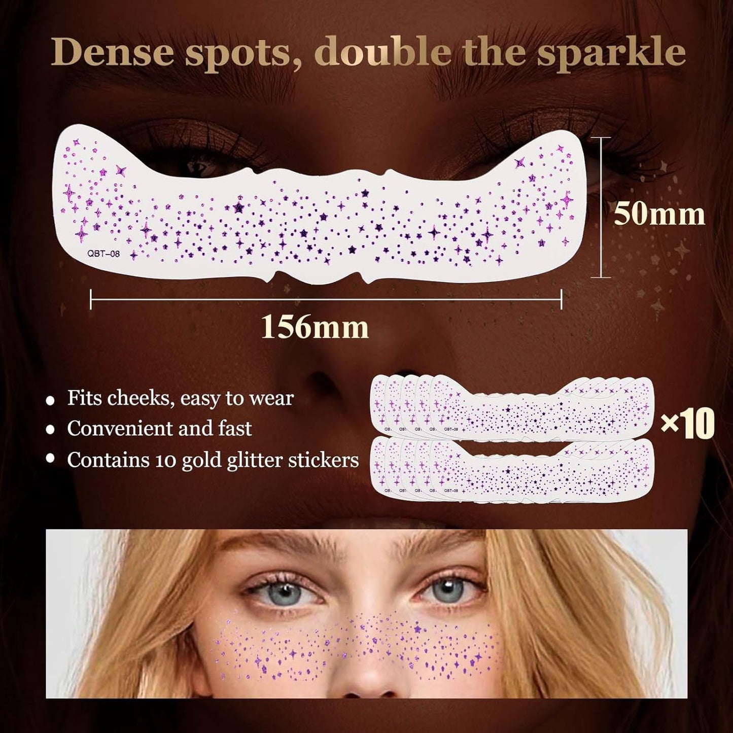 10 Pcs Glitter Freckles Face Tattoo, Face Glitter Makeup Patches, Waterproof Sparkle Freckles Tattoo Fairy Makeup Accessories For Women (Purple)